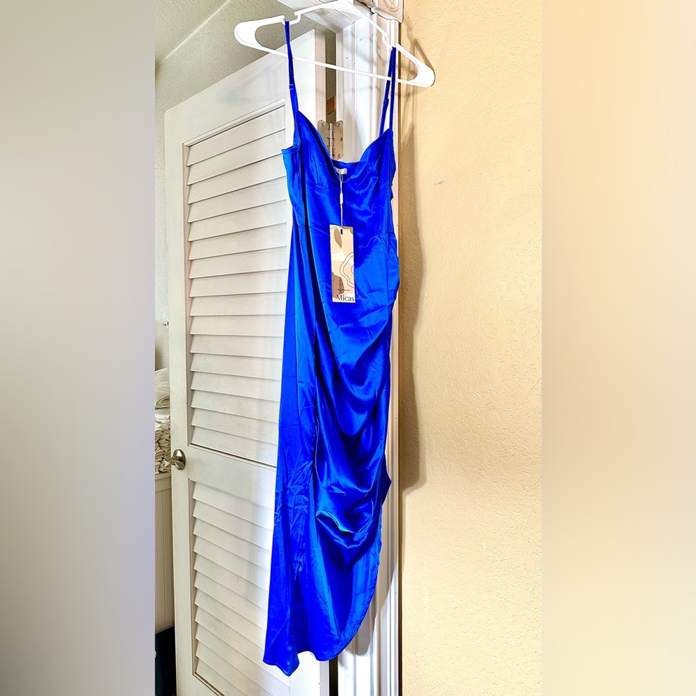 Mica’s Women's Satin Royal Blue Spaghetti Strap Dress - Size M (NWT)
